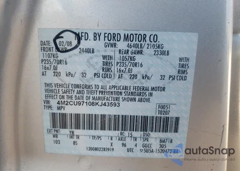 2008 Mercury Mariner Premier from USA, damaged, VIN 4M2CU97108KJ43593